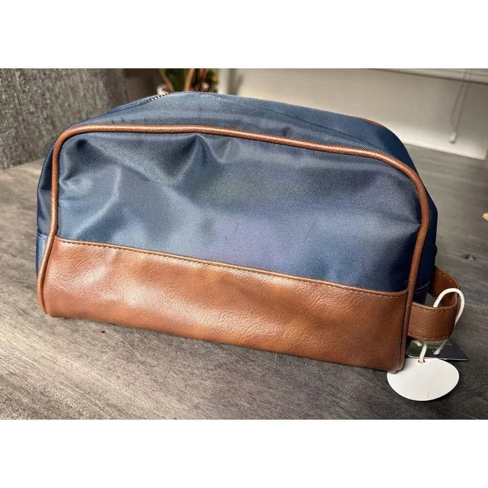 Tommy Bahama Men's Toiletry Bag Travel Dopp kit Faux Leather Navy Blue Brown
